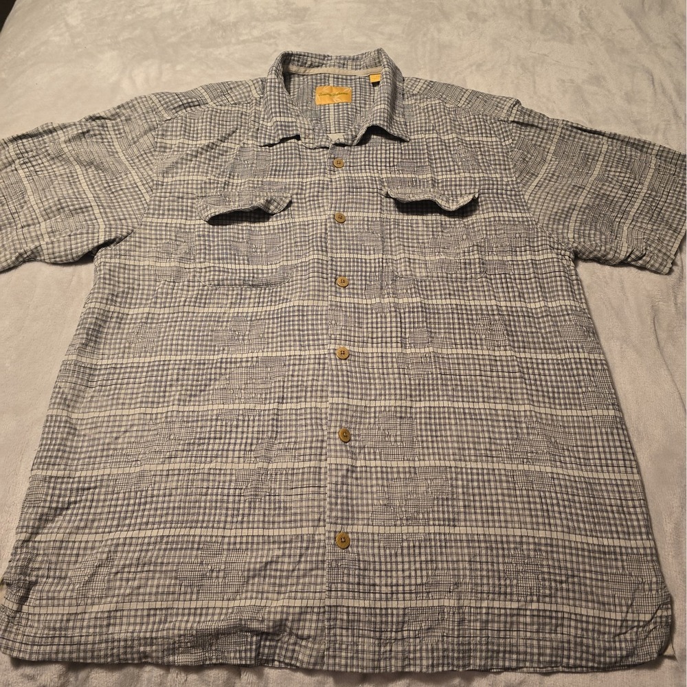 Tommy Bahama Hawaiian Shirt L 100% Silk Gray Abstract Aloha Camp Mens